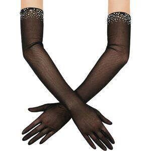 Women's Sexy Pearl Beaded Black Long Gloves Tulle Mesh Wedding Party Dance Prom